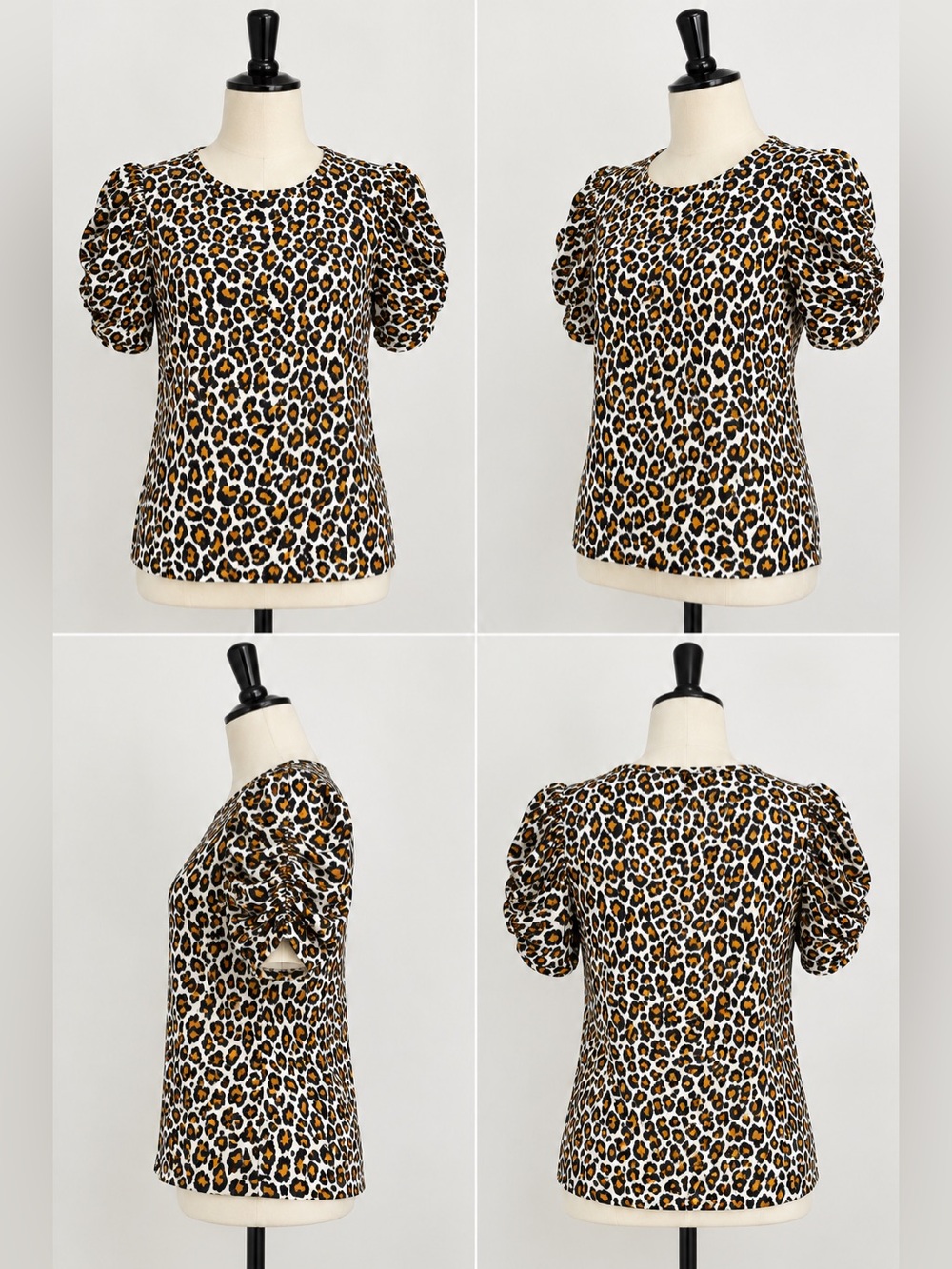 A.L.C. Leopard Print Puff Sleeve Blouse - Black, Brown, Cream
